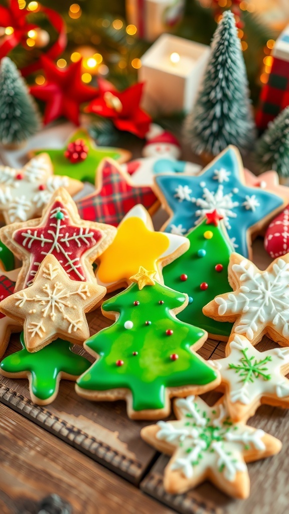 A variety of decorated Christmas sugar cookies in festive shapes on a wooden table.